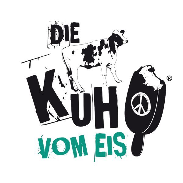 Logo mit Kuh und Peace-Zeichen: „Die Kuh vom Eis“ – skurriles Markenzeichen.